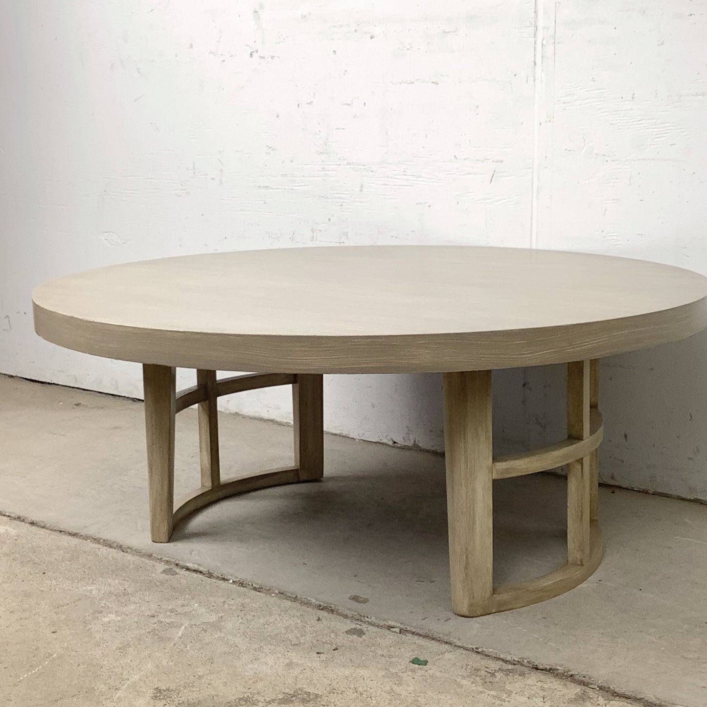 Vintage Round Low Coffee Table | Cerused Finish | Arch Form Base | Circular Stretcher