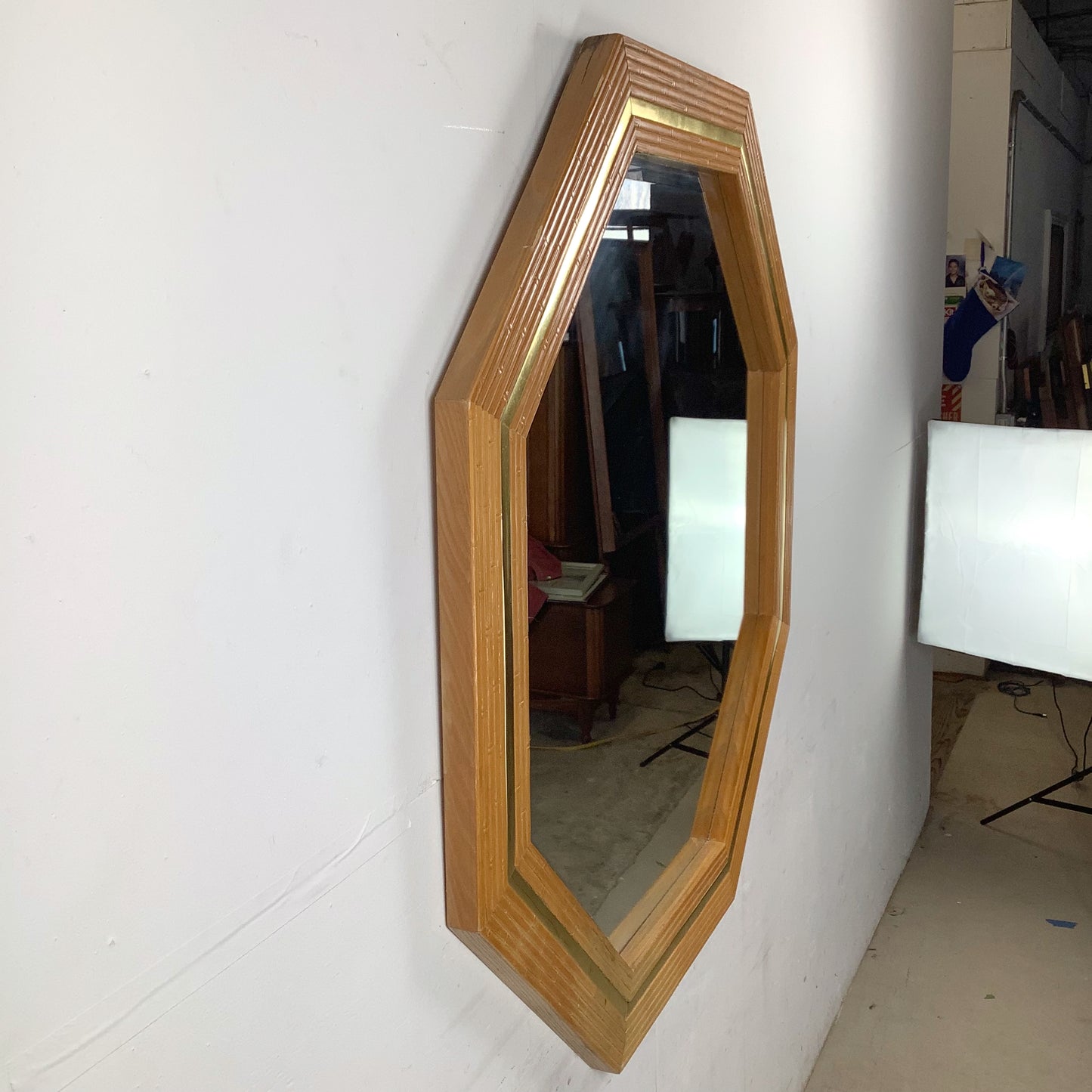 Vintage Modern Boho Octagonal Mirror with Faux Bamboo Wood Frame