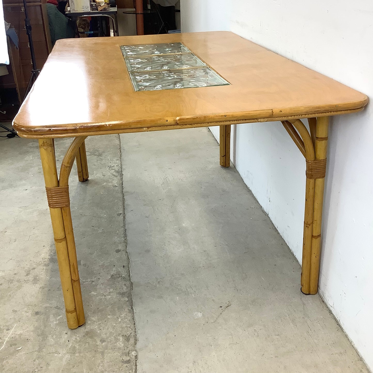 Vintage Bamboo Dining Table With Glass Inserts