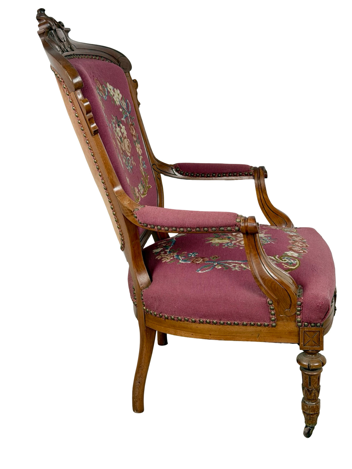 Vintage Renaissance Revival Carved Armchair with Burgundy Floral Upholstery