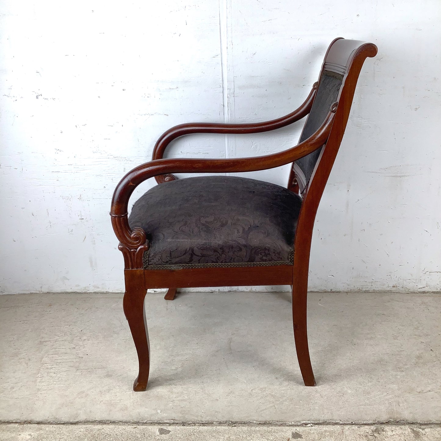 Empire Style Mahogany Armchair | Carved Acanthus Frame | Black Damask Upholstery | Neoclassical