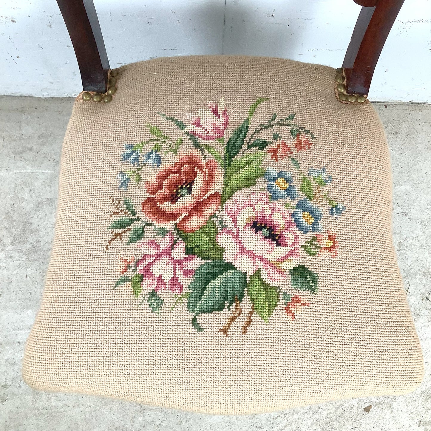  Vintage Chippendale Style Mahogany Side Chair with Floral Needlepoint Upholstered Seat