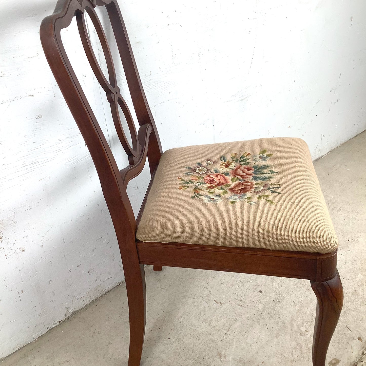 Vintage Queen Anne Style Side Chair with Needlepoint Upholstered Seat