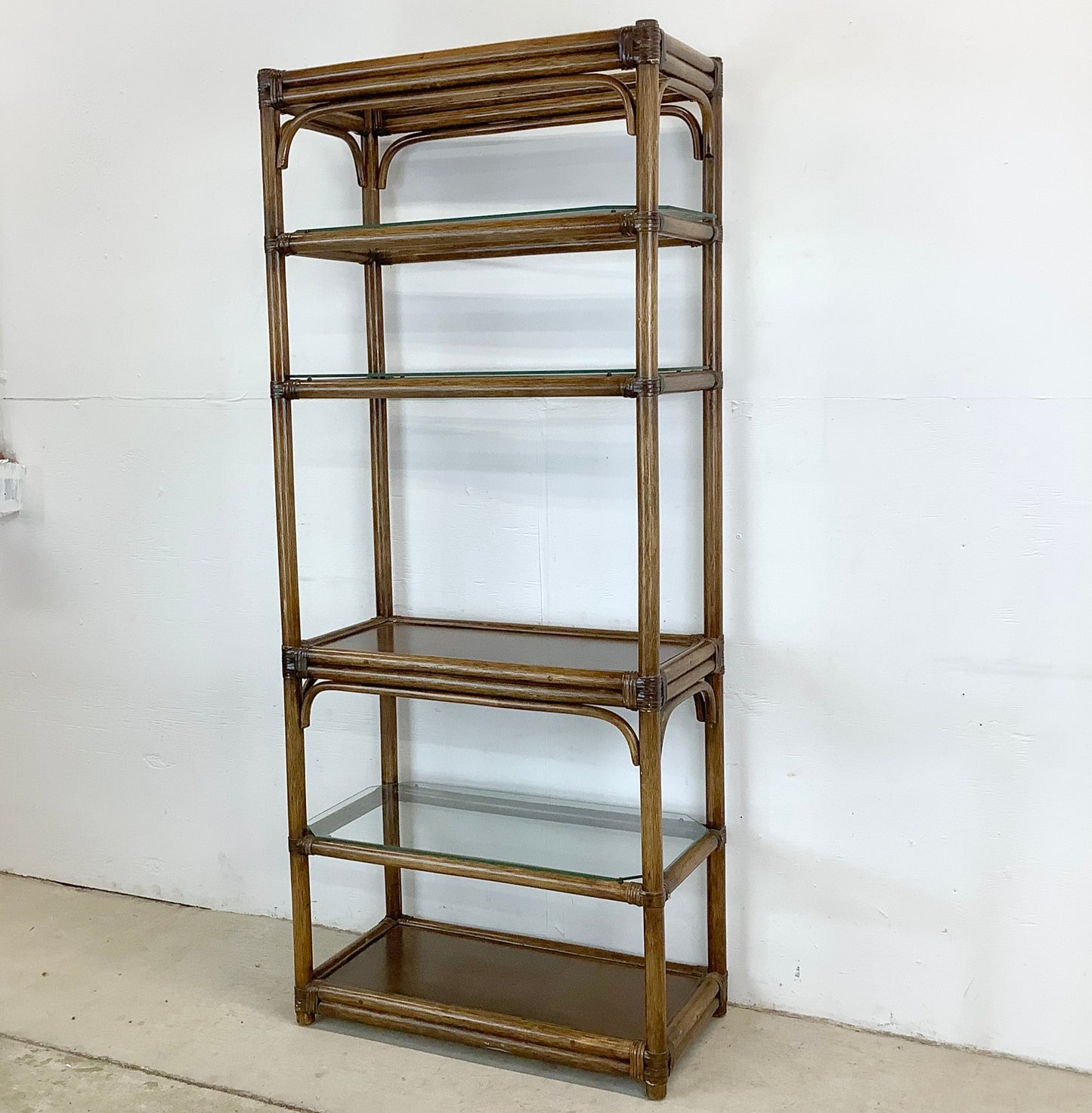 Vintage Coastal Modern Rattan Style Bookcase