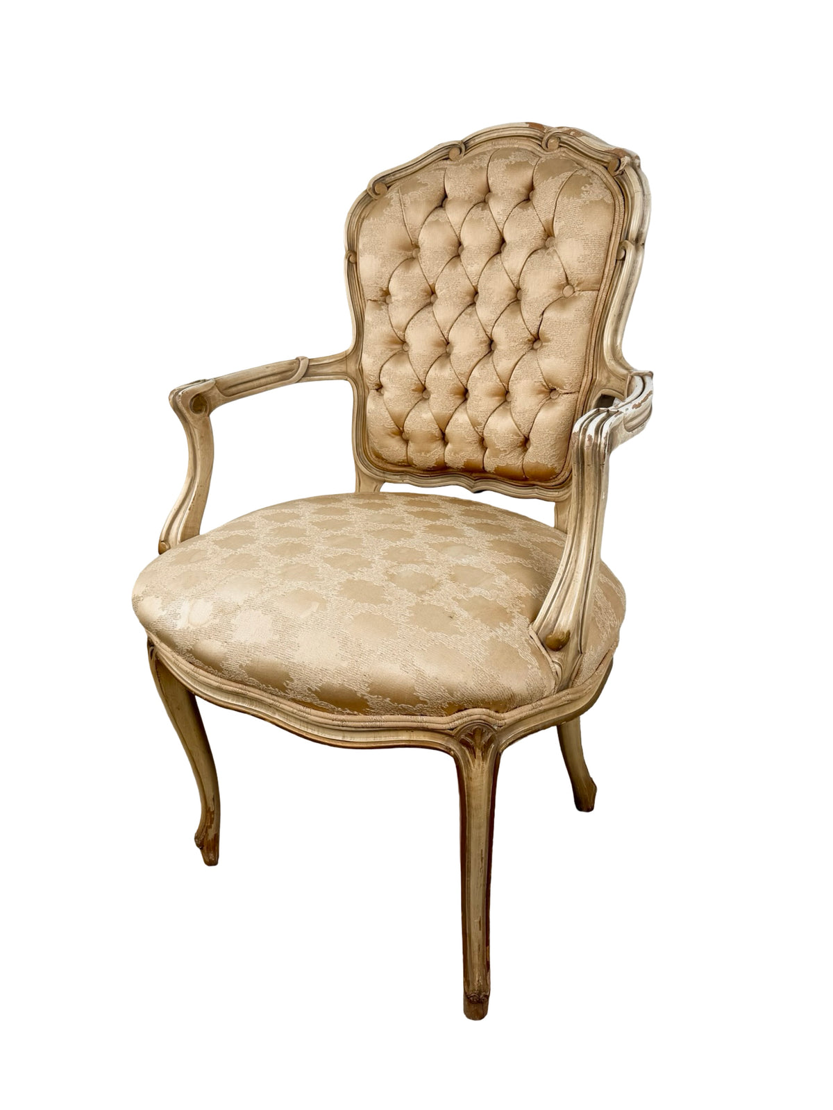 Vintage Louis XV Revival Armchair with Painted Frame, Tufted Back and Damask Seat