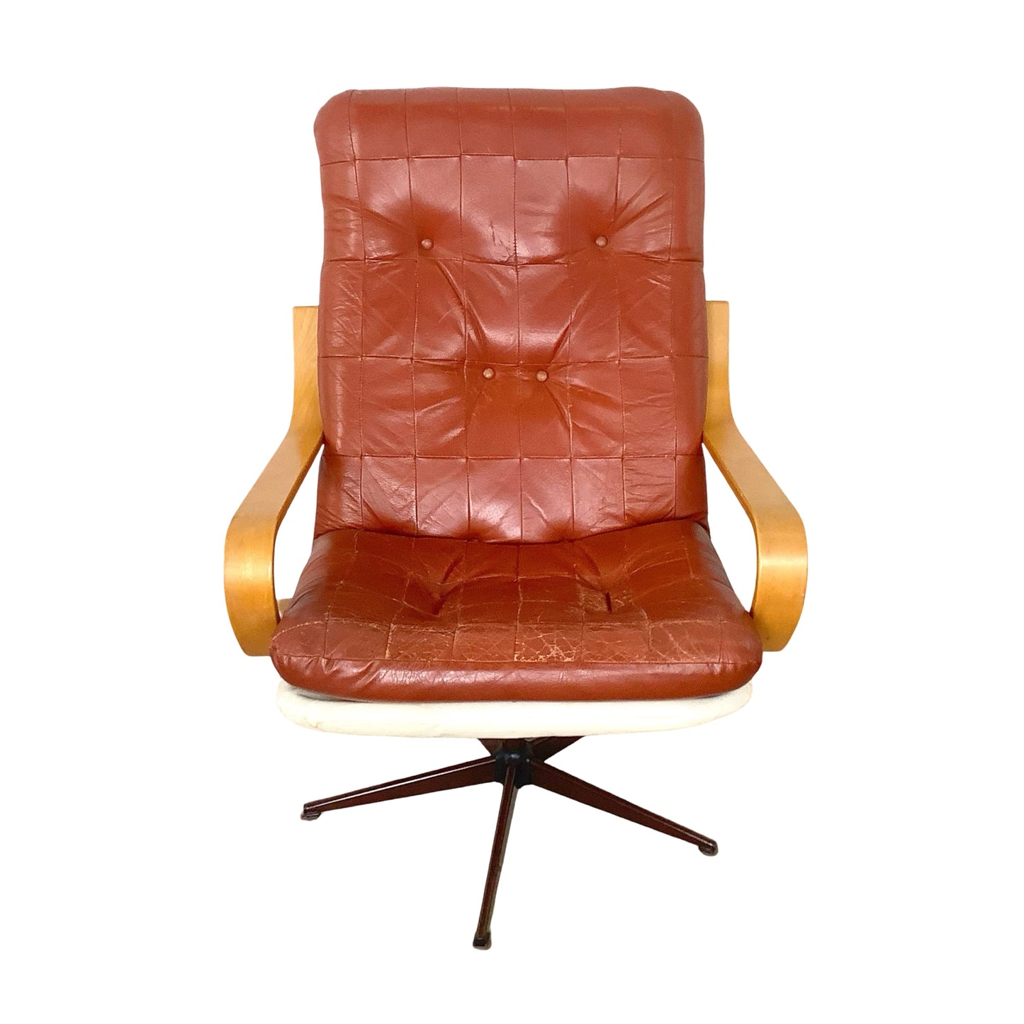 Mid-Century Modern Style Tufted Swivel Lounge Chair - Cognac & Bentwood