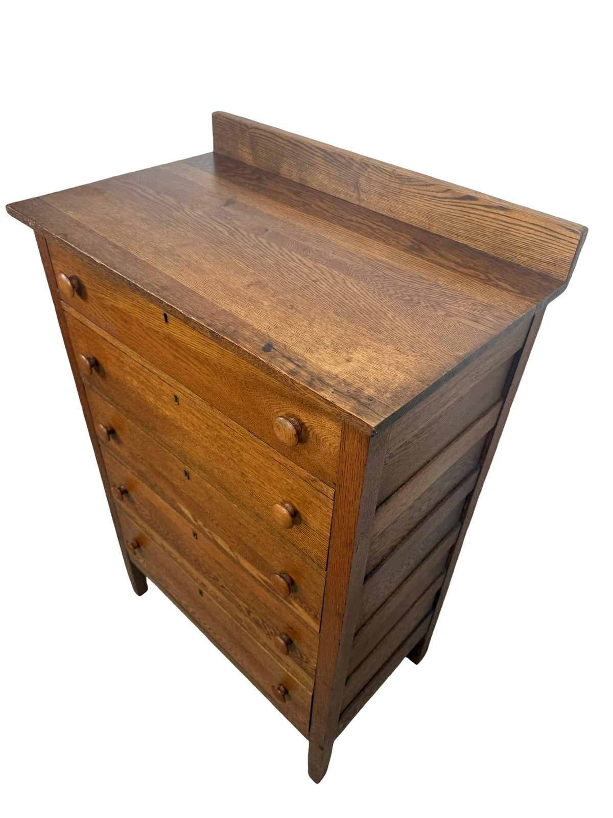 Antique Early 1900s Oak Five-Drawer Tall Chest of Drawers