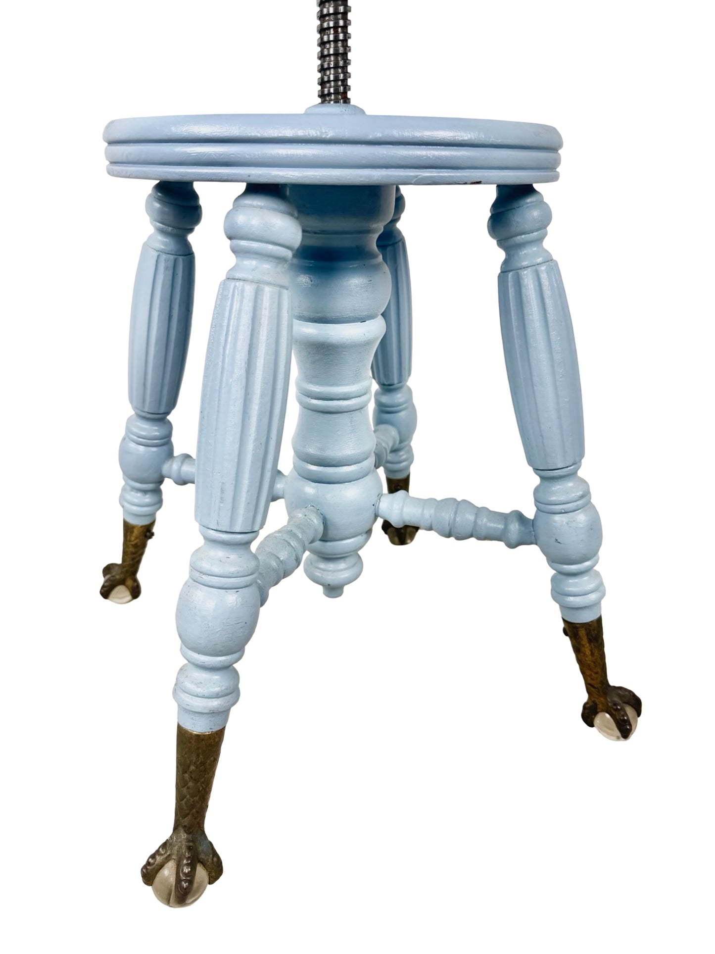 Victorian Adjustable Piano Stool — Painted Blue with Claw black & Glass Ball Feet