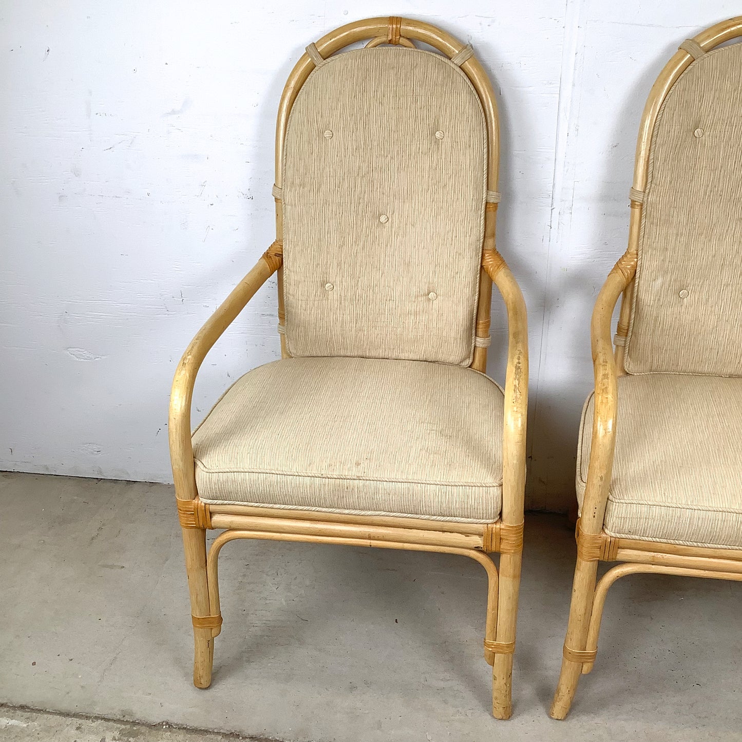 Vintage Henredon Rattan Armchairs, Pair with Cushions, Honey Tone