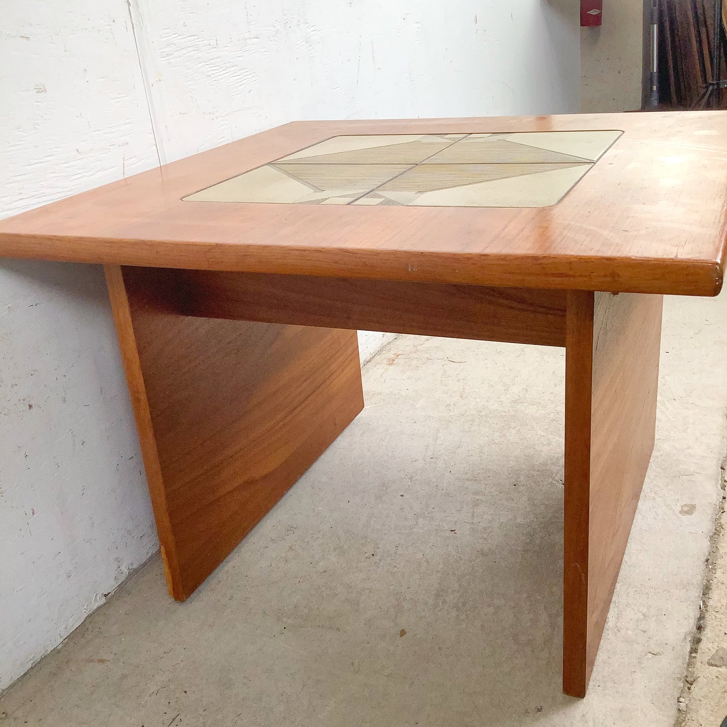 Vintage Danish Modern Teak Side Table with Ceramic Tile Inset — Geometric, Scandinavian, 1960s–1970s
