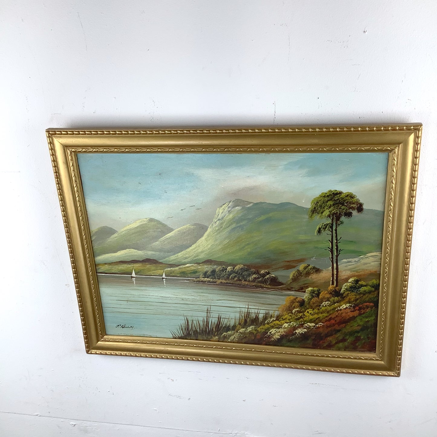 Antique Scottish Highland Loch Oil Painting | Signed J. Kellog | Original Gilt Frame