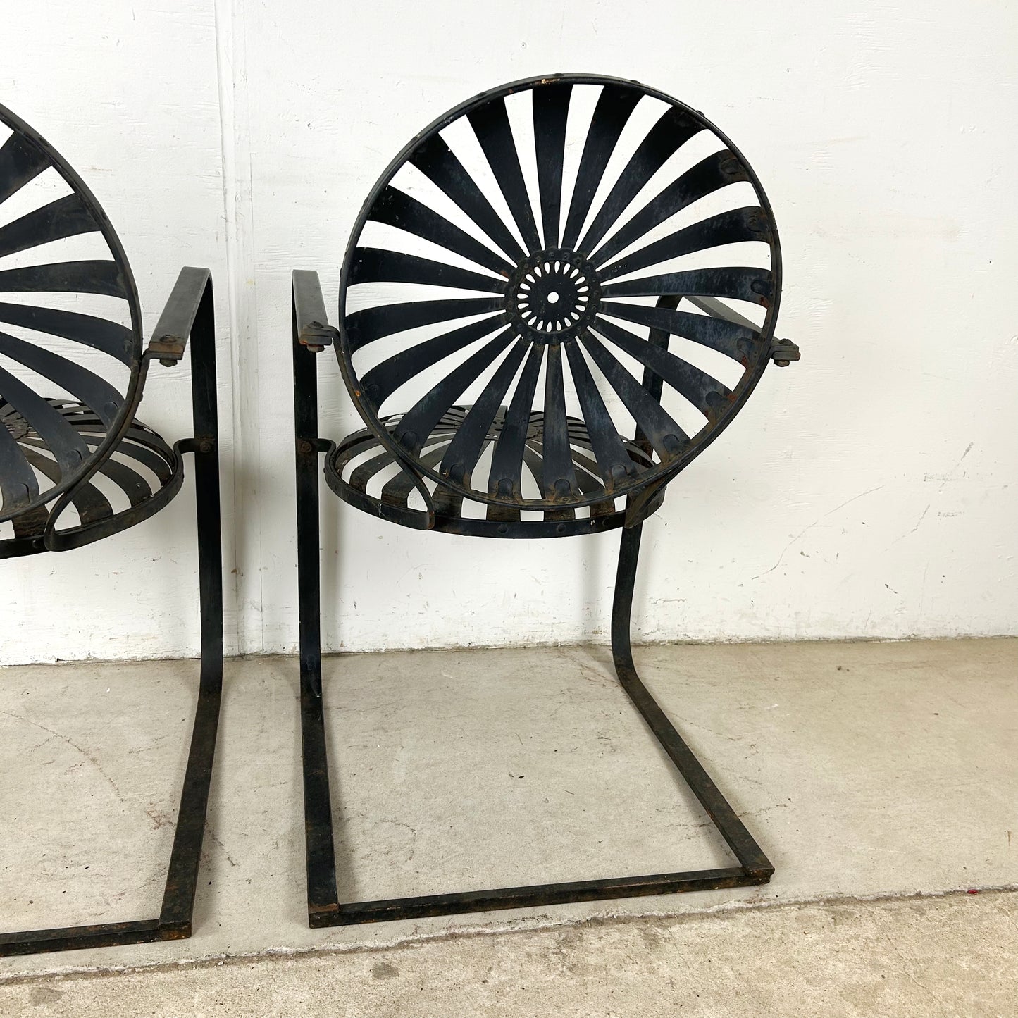 Pair of Vintage Black Cantilever Patio Chairs – French Modern Style Attributed to François Carré
