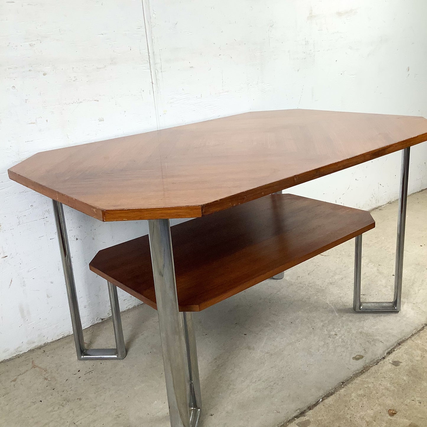 Vintage Modern Coffee Table with Bookmatched Veneer Top and Chrome Base