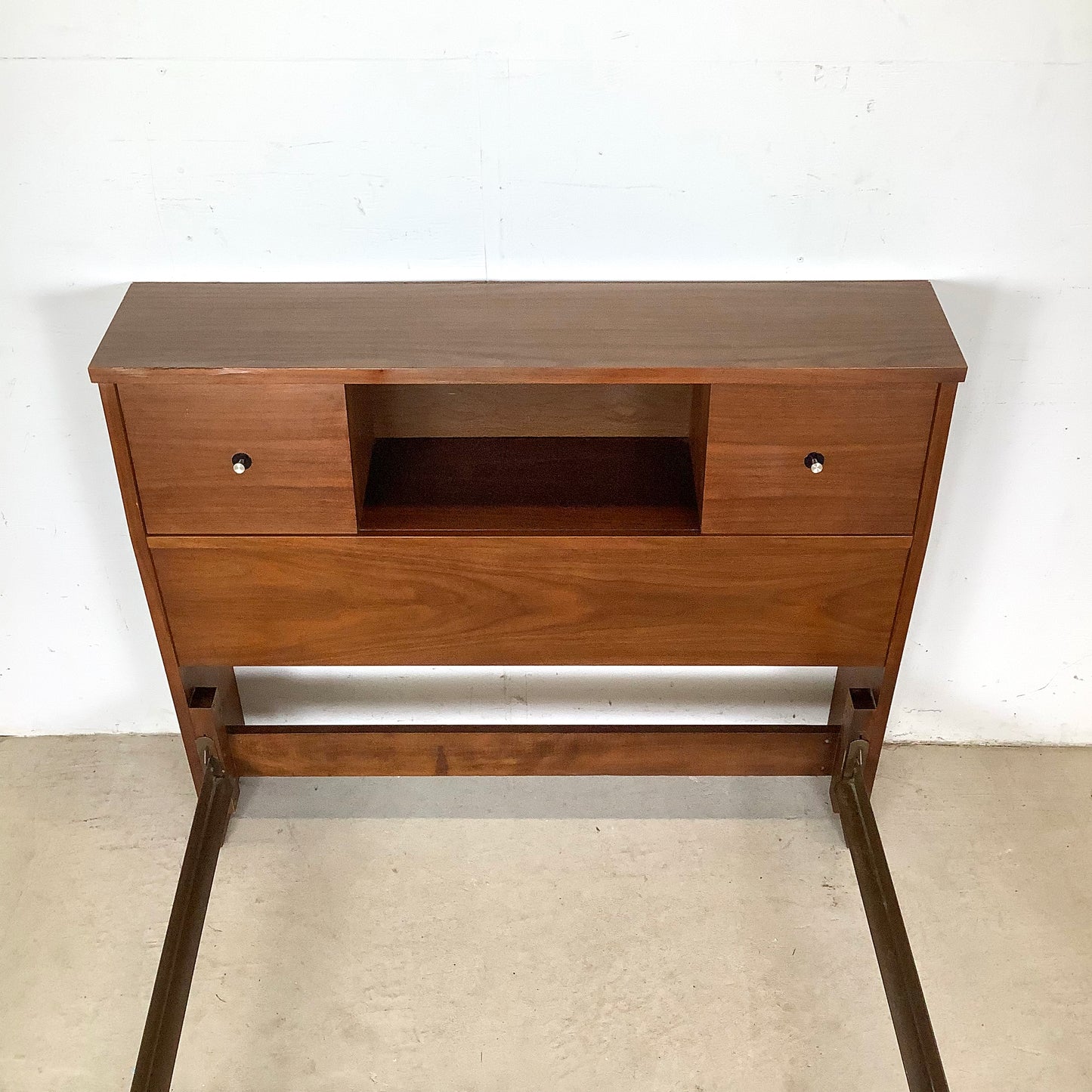 Mid-Century Walnut Twin Bed Frame with Storage Headboard