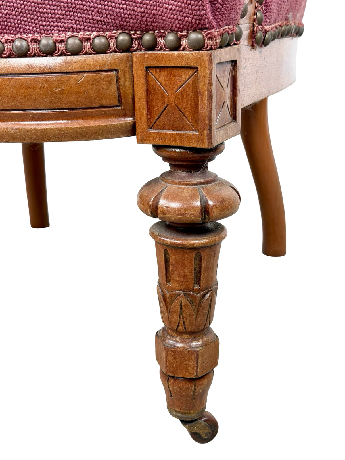 Vintage Renaissance Revival Carved Armchair with Burgundy Floral Upholstery