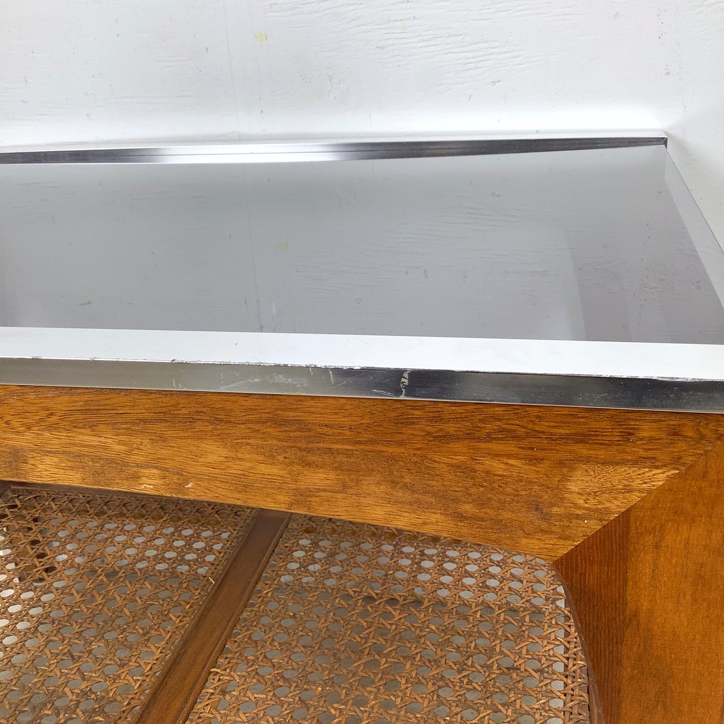 Lane Mid-Century End Table with Smoked Glass, Cane, and Wood Frame