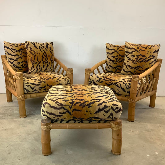 Vintage Bamboo Armchairs & Ottoman in Tiger Print