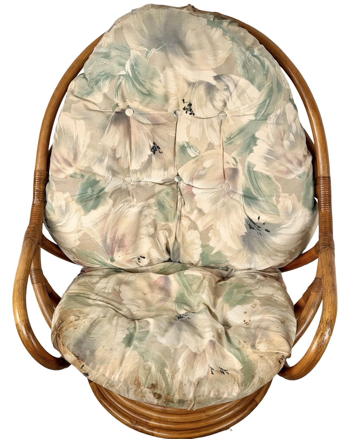 Vintage Rattan Swivel Rocker Lounge Chair with Floral Cushions