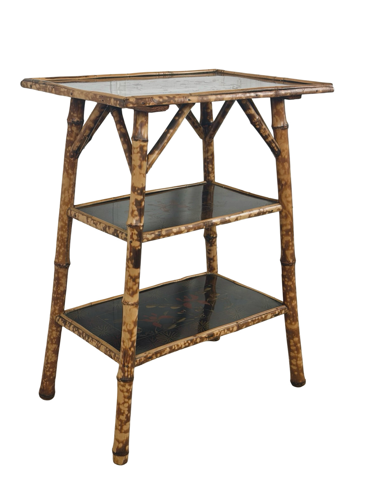 Antique Victorian Aesthetic Movement Tiger Bamboo Three-Tier Side Table with Floral Shelves