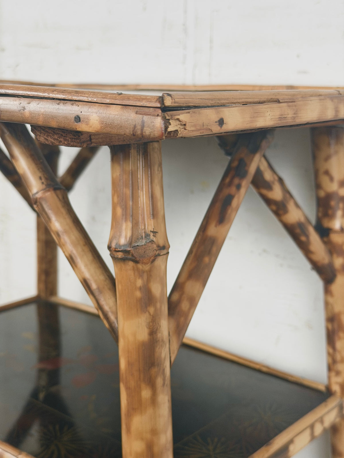 Antique Victorian Aesthetic Movement Tiger Bamboo Three-Tier Side Table with Floral Shelves