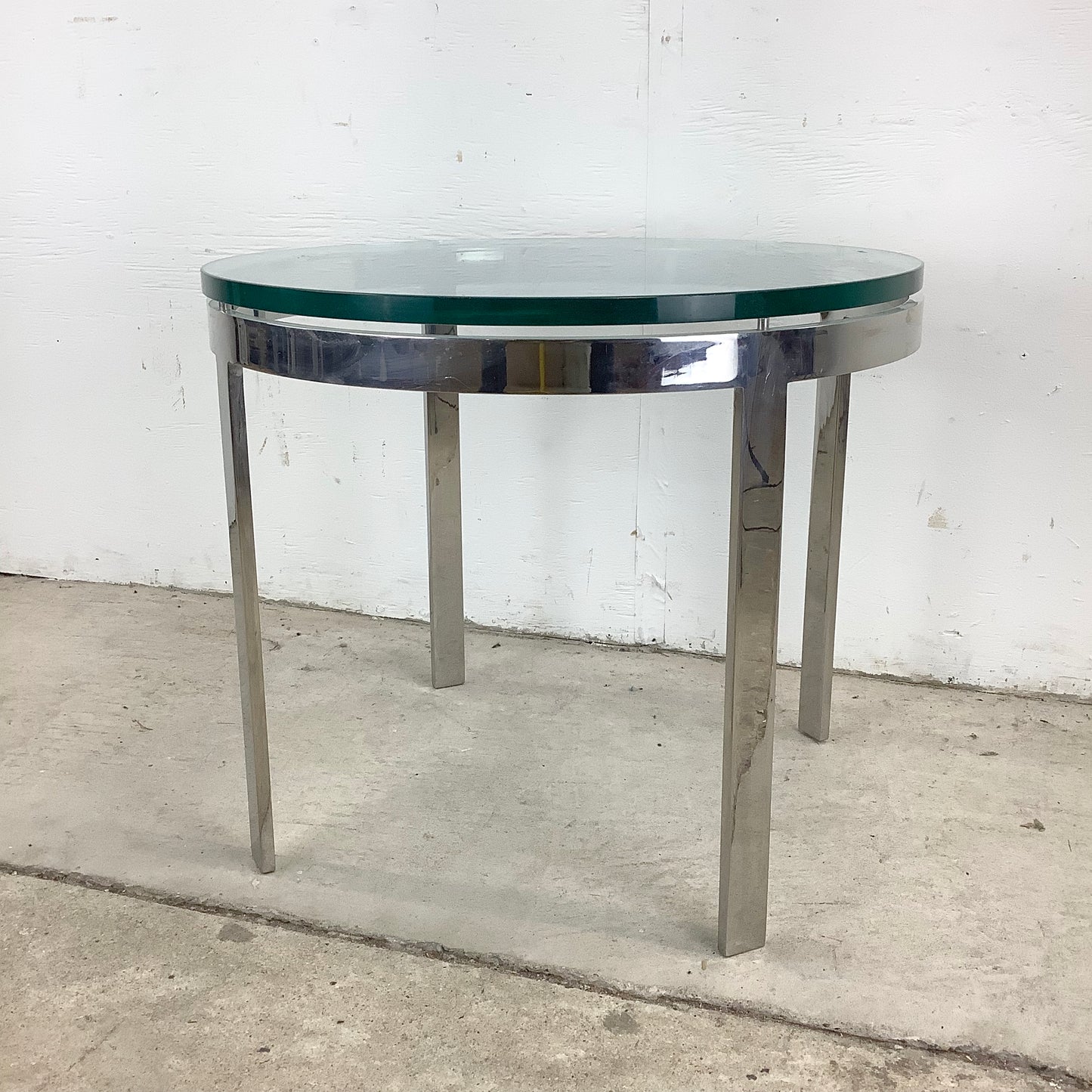 Vintage Circular Glass Top End Table with Polished Chrome Base