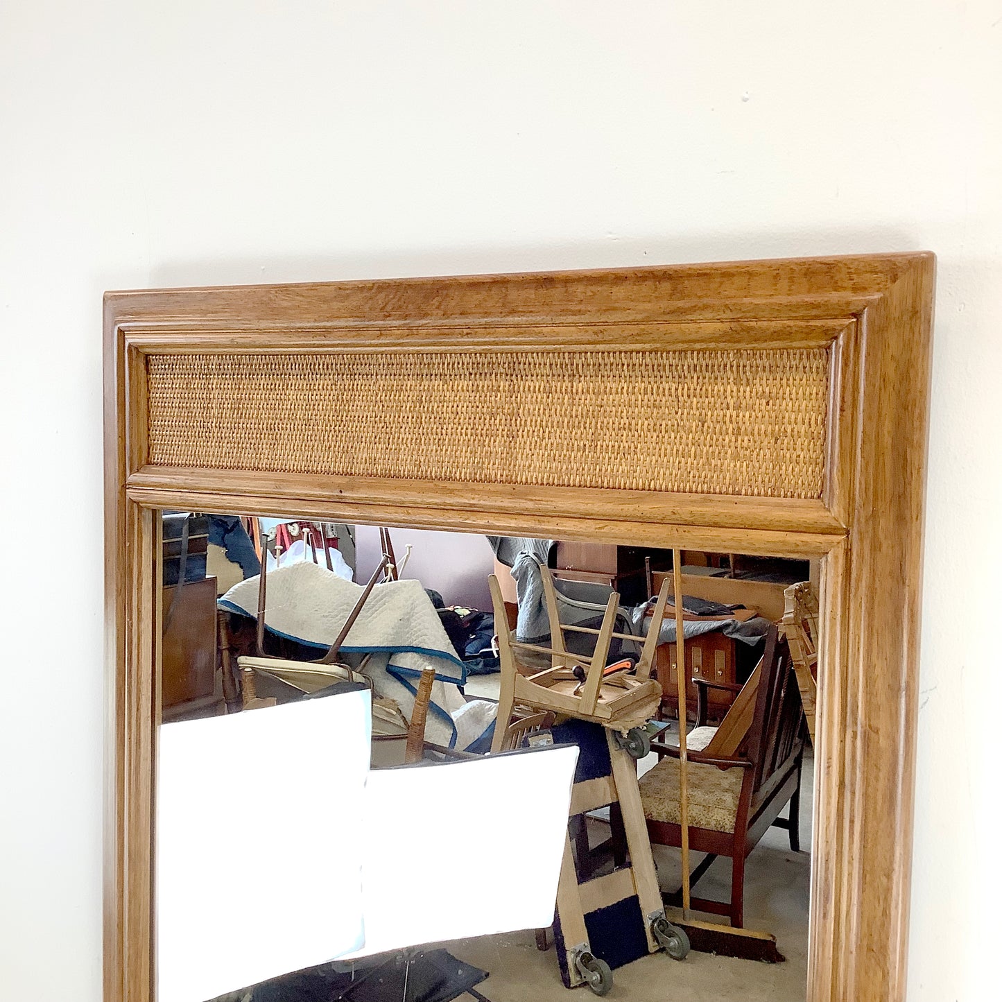 Vintage Modern Oak & Rattan Wall Mirror