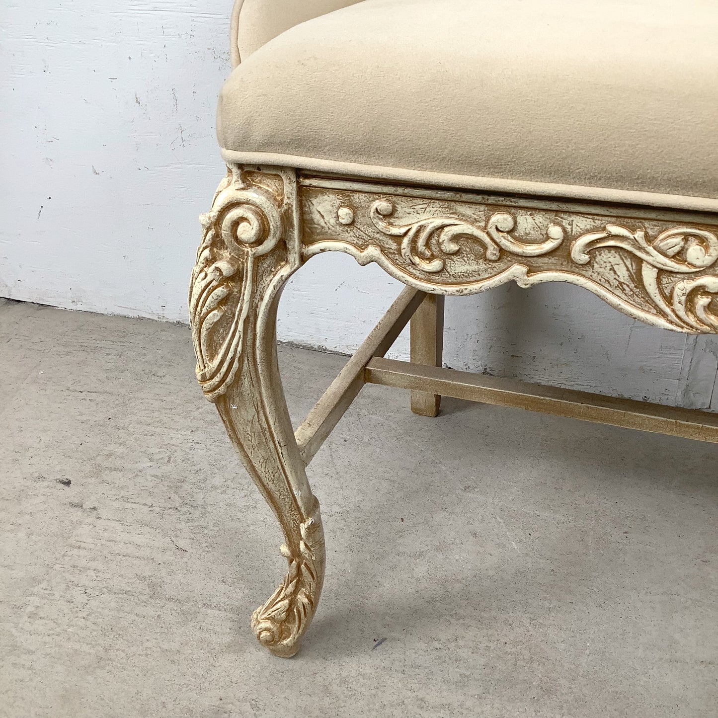 French-Inspired Decorator Bench with Carved Wood Frame