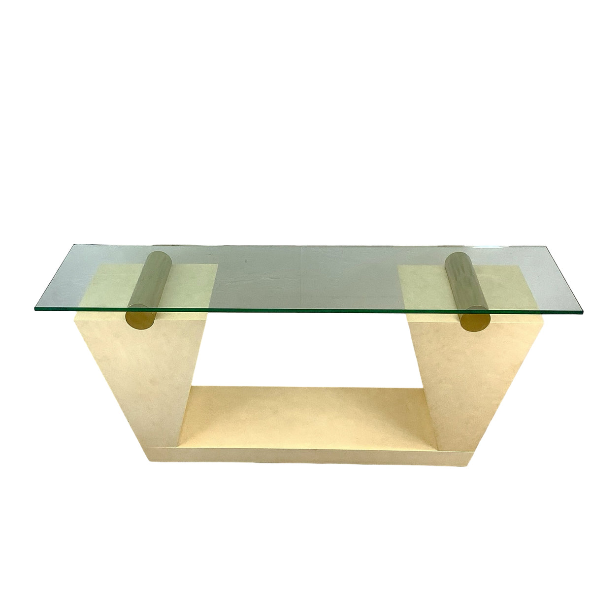 Vintage Modern Parchment-Style Console Table with Glass Top and Brass Accents
