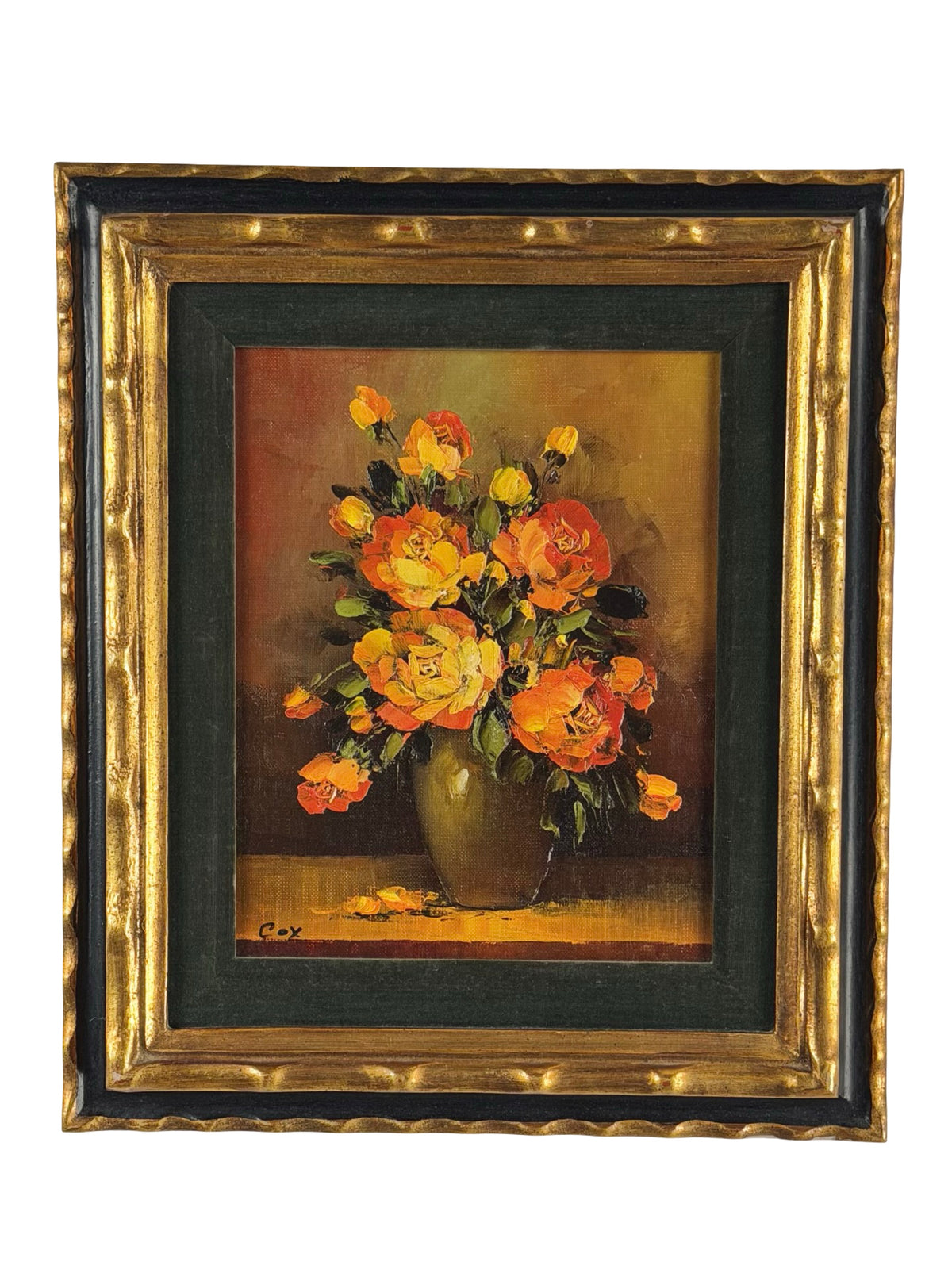 Vintage Signed Cox Floral Rose Painting Gold Tone Frame 13x15