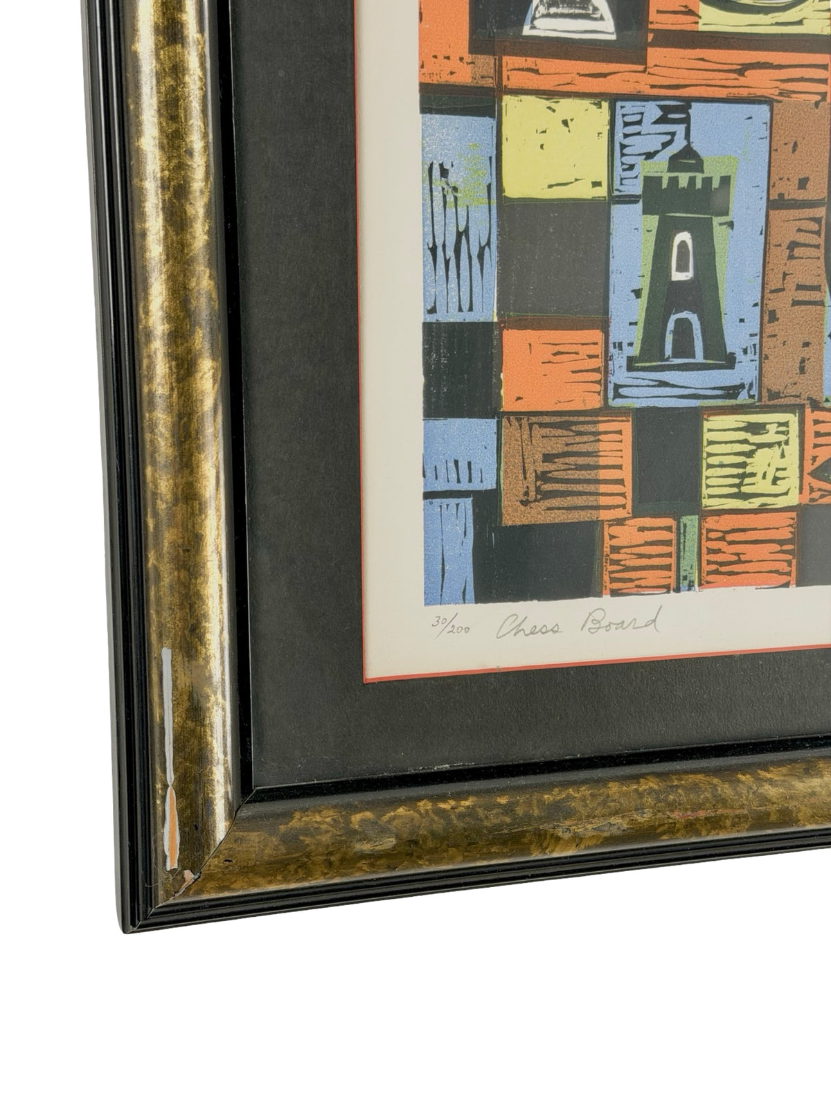 Irving Amen “Chess Board” Signed Mid-Century Modern Color Woodcut