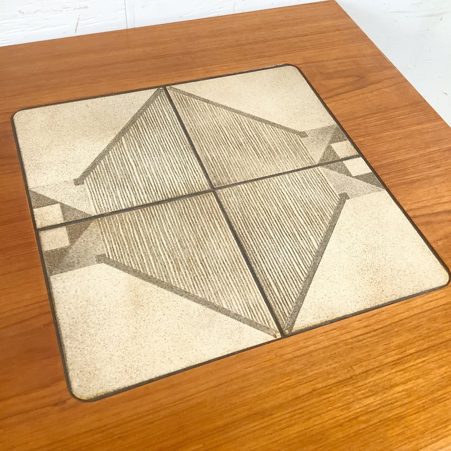 Vintage Danish Modern Teak Side Table with Ceramic Tile Inset — Geometric, Scandinavian, 1960s–1970s