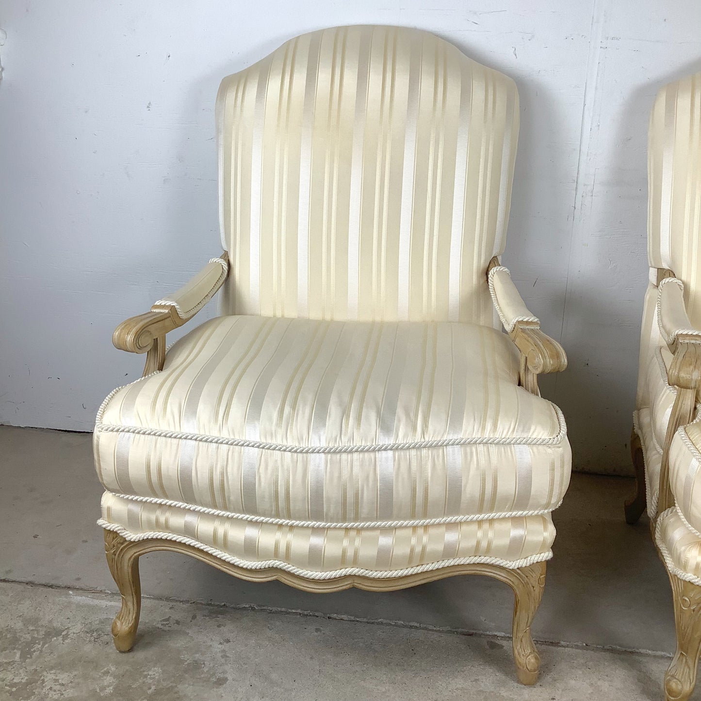 Vintage Pair of Louis XV–Style Bergère Chairs with Curved Frames