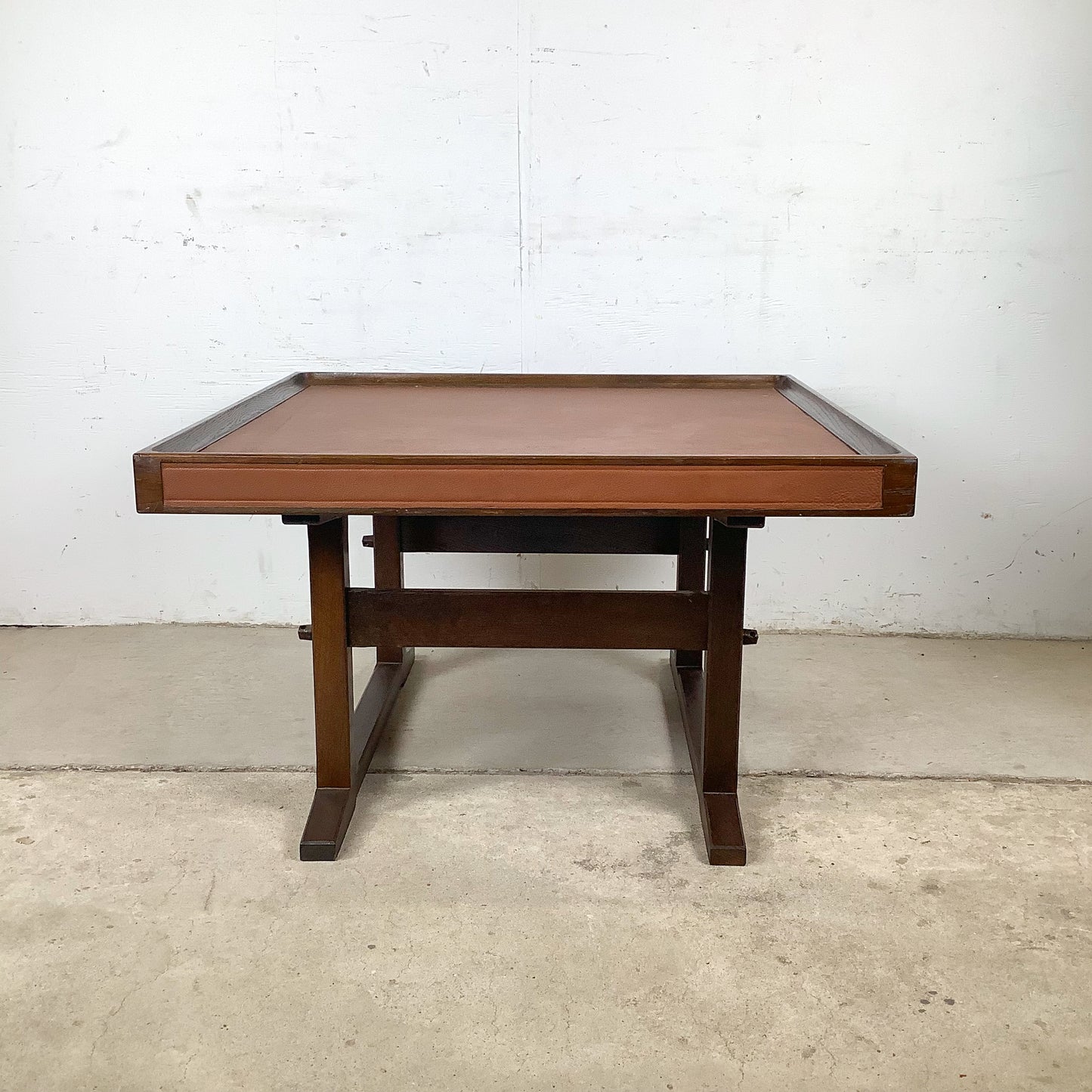 Vintage Studio-Made Square End Table, Leather Top, Architectural Trestle Base, Mid-Century