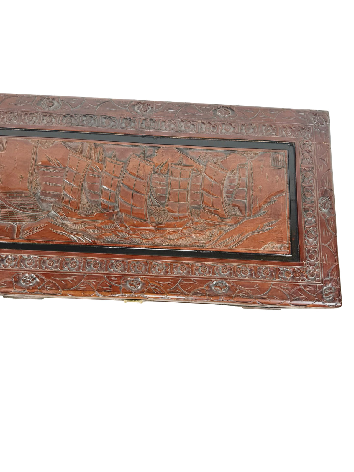 Vintage Asian Carved Wood Storage Chest with Figural Relief Carvings