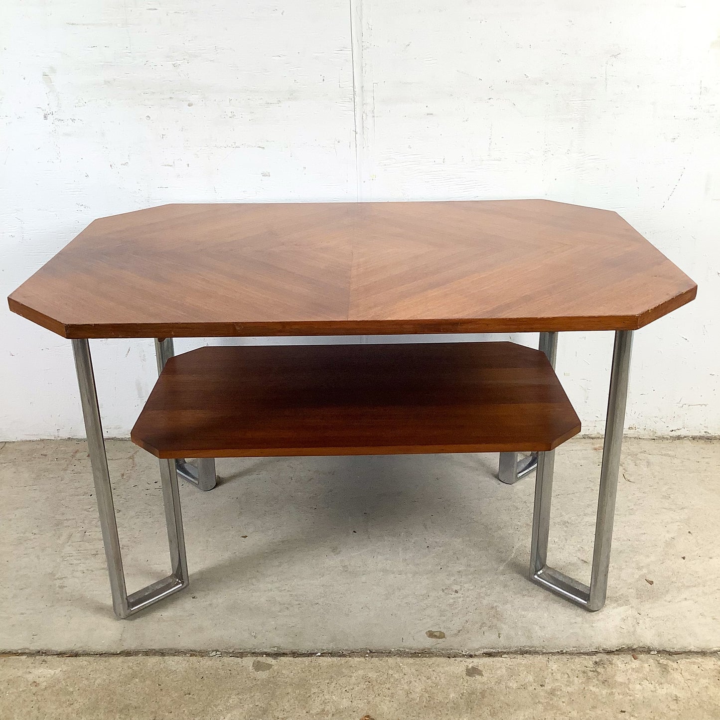 Vintage Modern Coffee Table with Bookmatched Veneer Top and Chrome Base