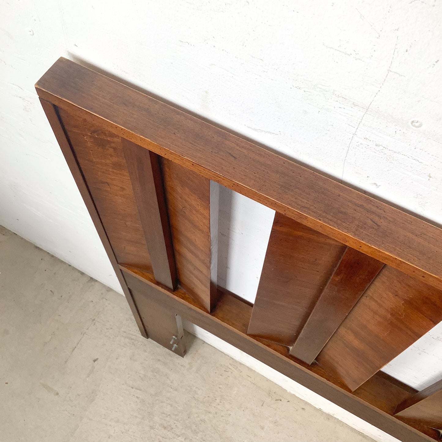 Vintage Mid-Century Modern Walnut Queen Headboard with Architectural Vertical Slat Design