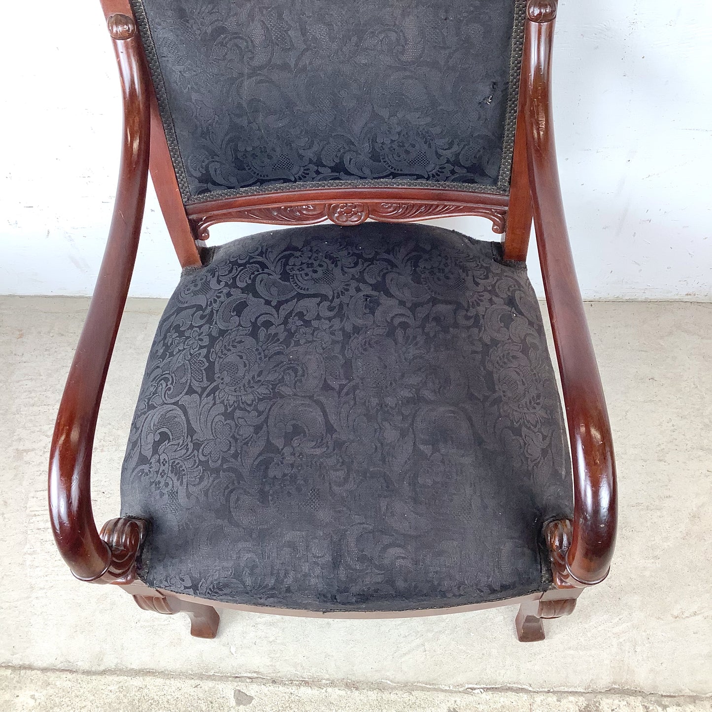 Empire Style Mahogany Armchair | Carved Acanthus Frame | Black Damask Upholstery | Neoclassical