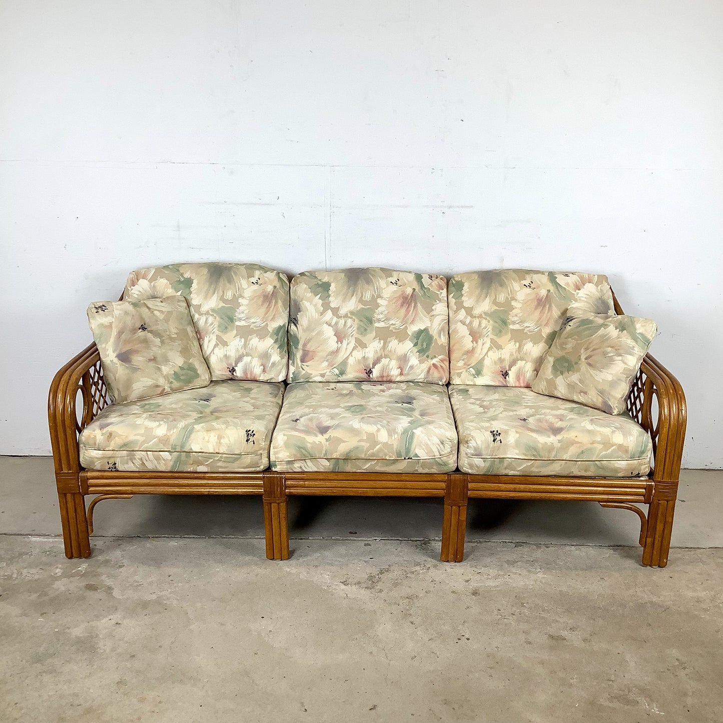 Vintage Rattan Three-Seat Sofa, Diamond Lattice Arms