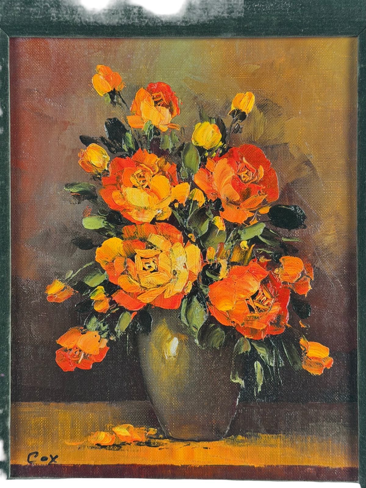 Vintage Signed Cox Floral Rose Painting Gold Tone Frame 13x15