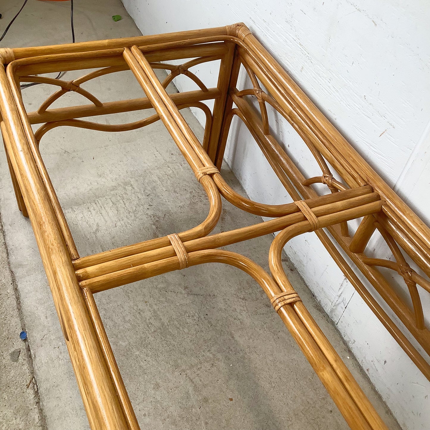 Vintage Rattan Cocktail Table, Cathedral Arch Apron with Glass Top