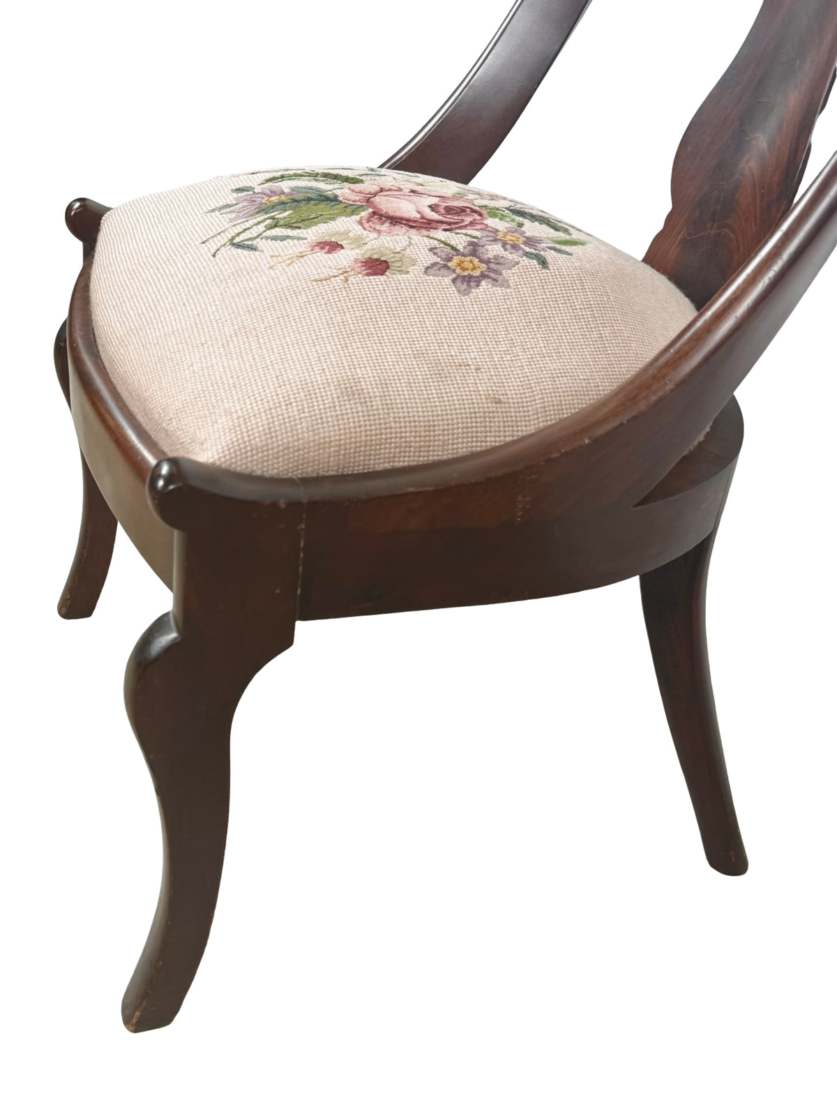 Antique Federal Style Carved Wood Side Chair with Floral Needlepoint Seat