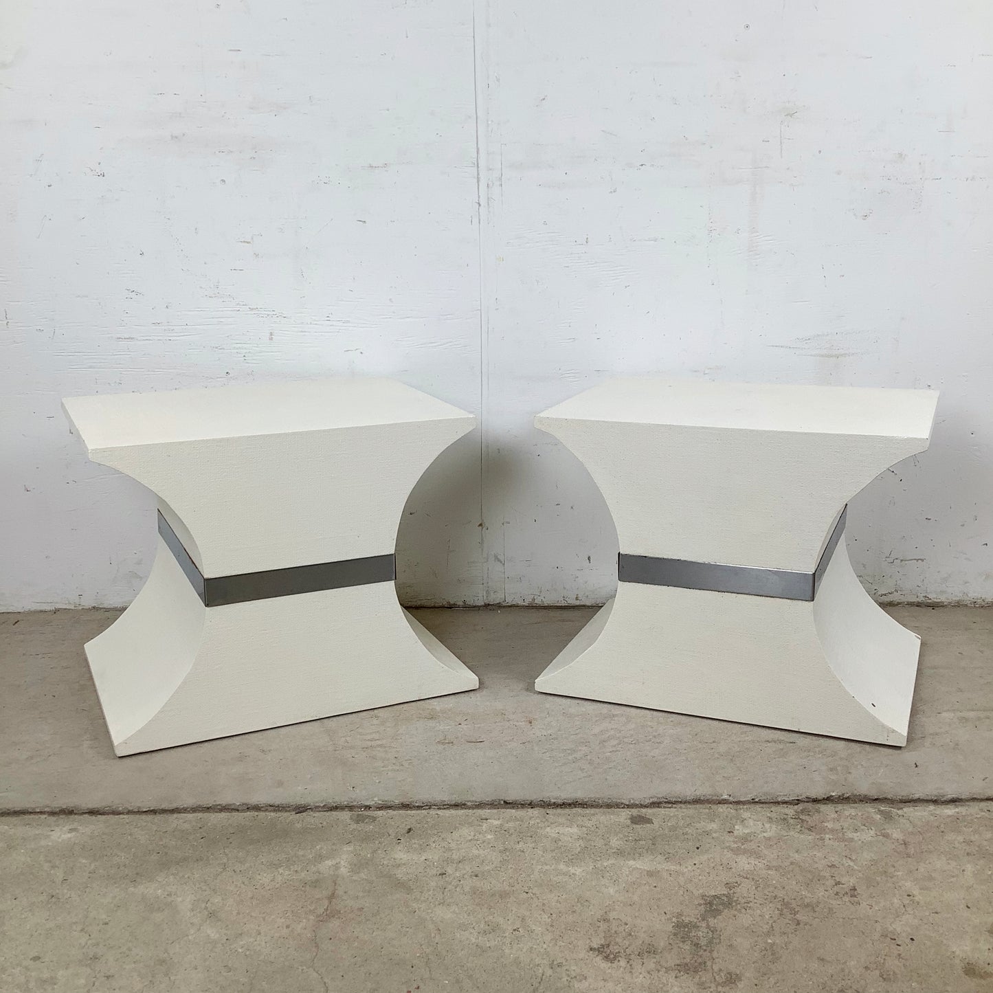 Vintage Grasscloth Hourglass Pedestal Tables, after Karl Springer