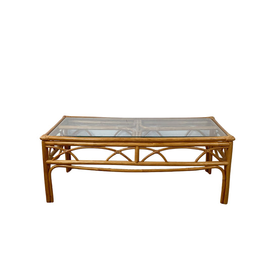 Vintage Rattan Cocktail Table, Cathedral Arch Apron with Glass Top