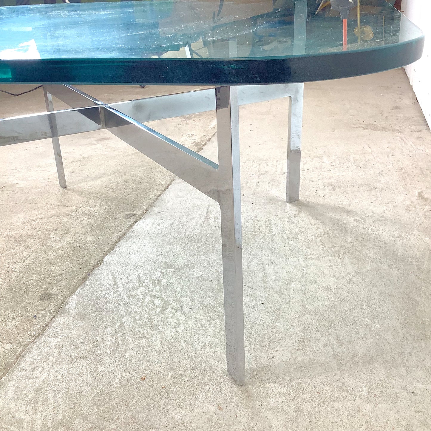 Vintage Barcelona-Style Coffee Table | Brushed Chrome X-Base | Thick Glass | 36" Square | c. 1970s–1980s