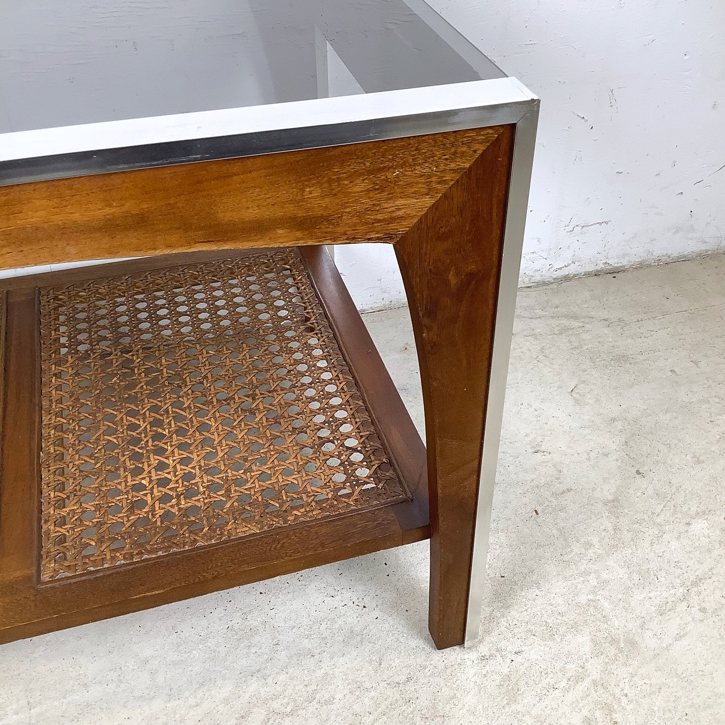 Lane Mid-Century End Table with Smoked Glass, Cane, and Wood Frame