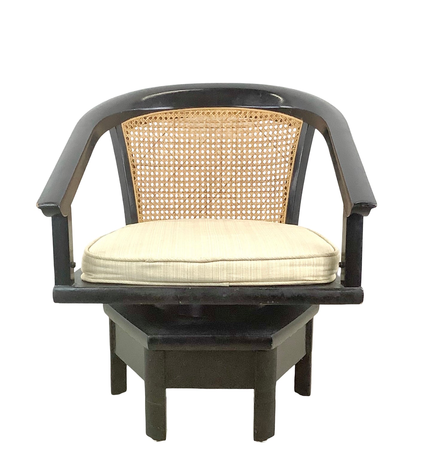 Vintage Black Lacquer Cane Swivel Chair