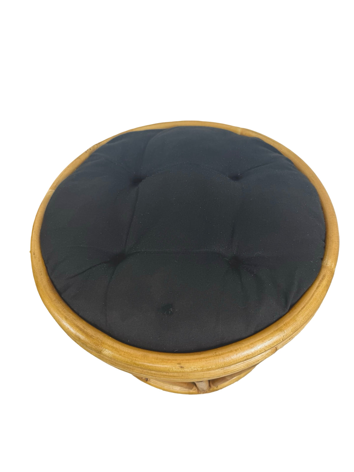 Pair of Vintage Rattan Bamboo Round Ottoman Footstools with Black Cushions, 1970s