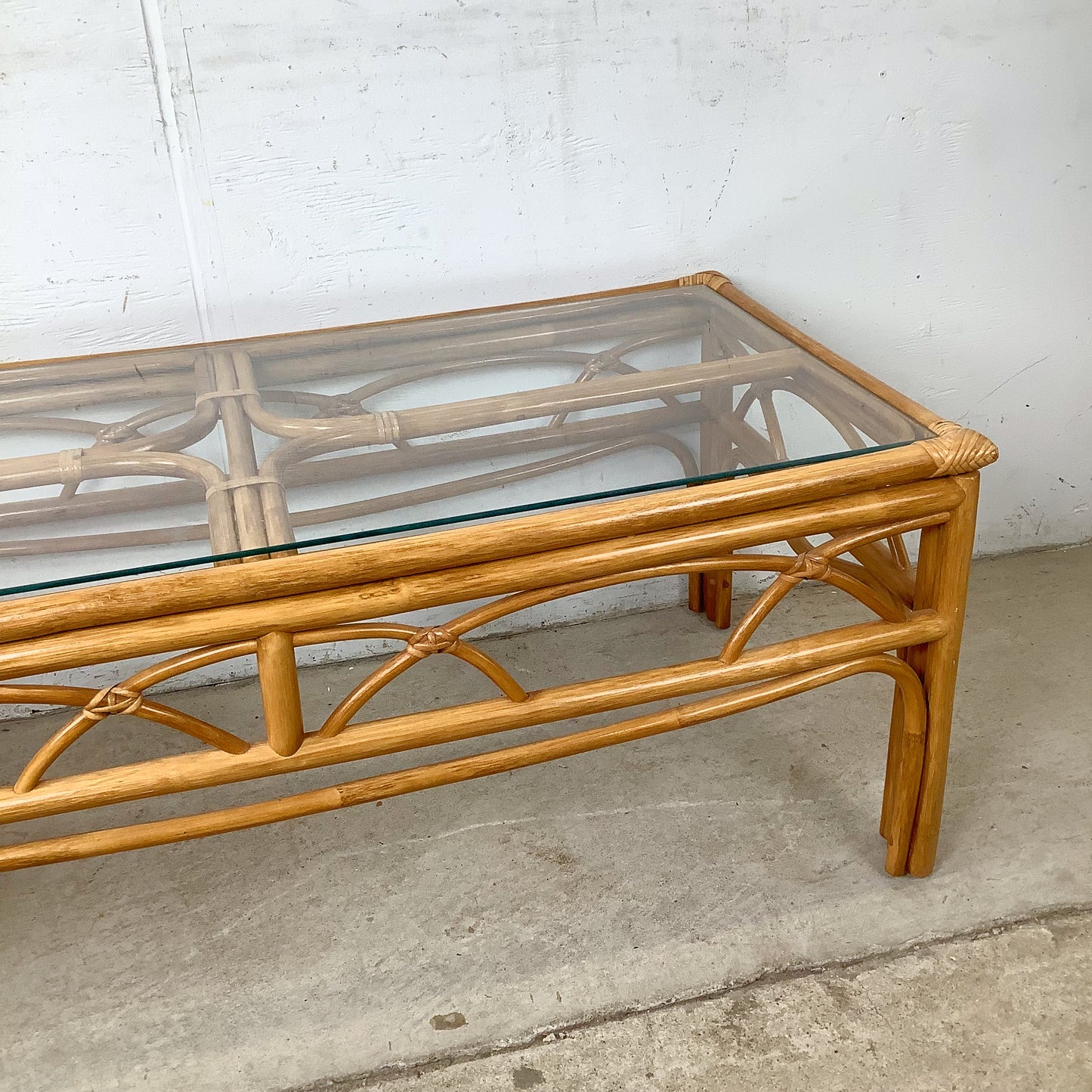 Vintage Rattan Cocktail Table, Cathedral Arch Apron with Glass Top