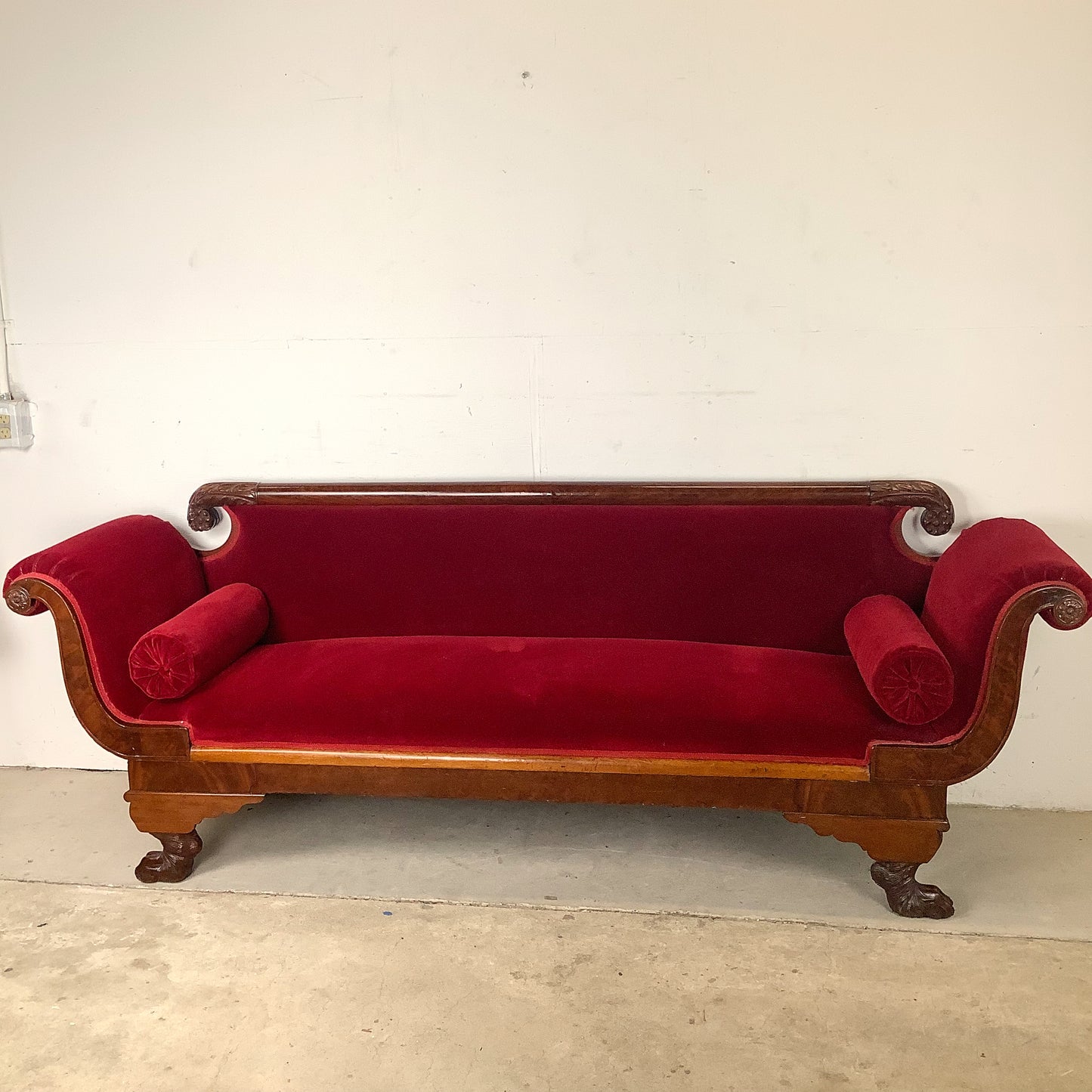 Antique American Empire Revival Mahogany Settee | Scroll Arms Sofa| Carved Paw Feet | Crimson Velvet