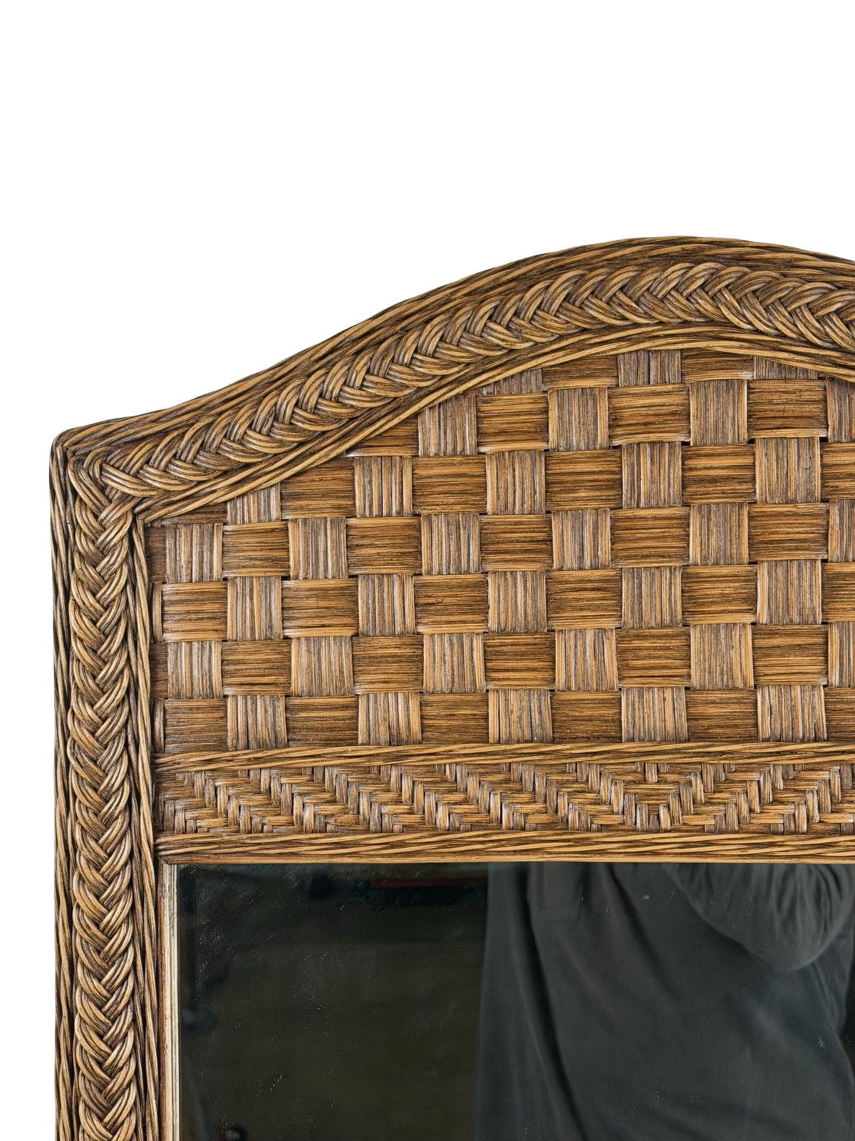 Vintage Arched Wicker Wall Mirror with Basket-Weave Panel and Braided Frame